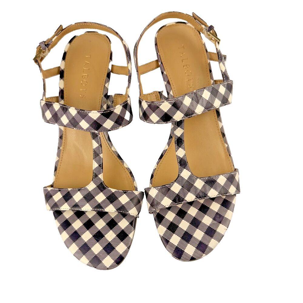 Talbots Gingham Wedge Sandals Womens Size 8 M Black Cream Ankle Strap Leather